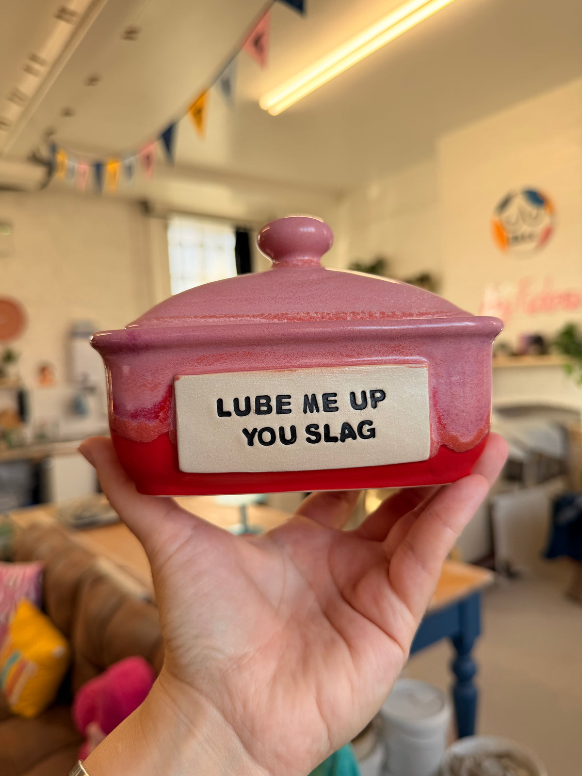 Handmade pink and red Butter Dish - LUBE ME UP YOU SLAG