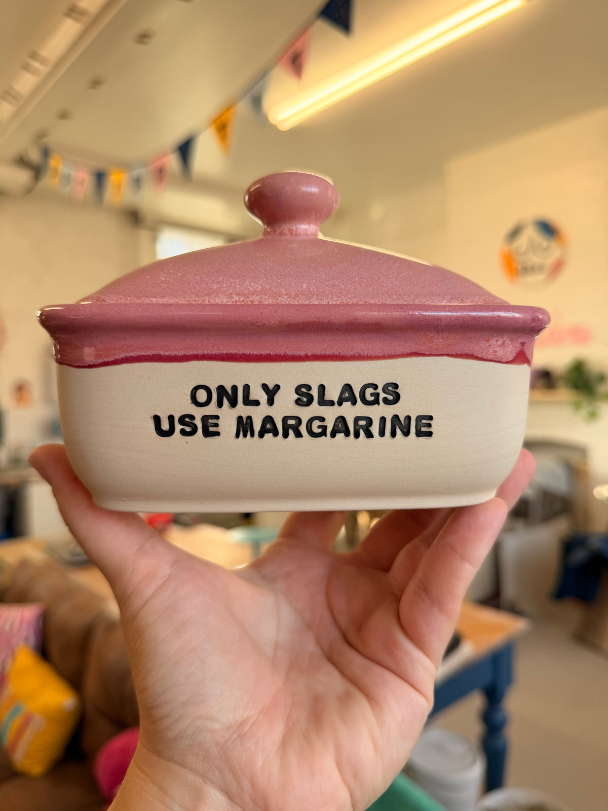 Handmade Pink Butter Dish - ONLY SLAGS USE MARGARINE