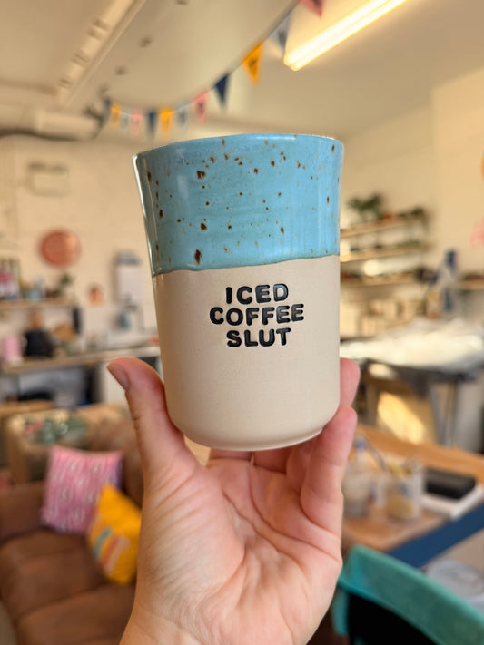 Handmade Sweary Ceramic Cup Speckled Blue - ICED COFFEE SLUT