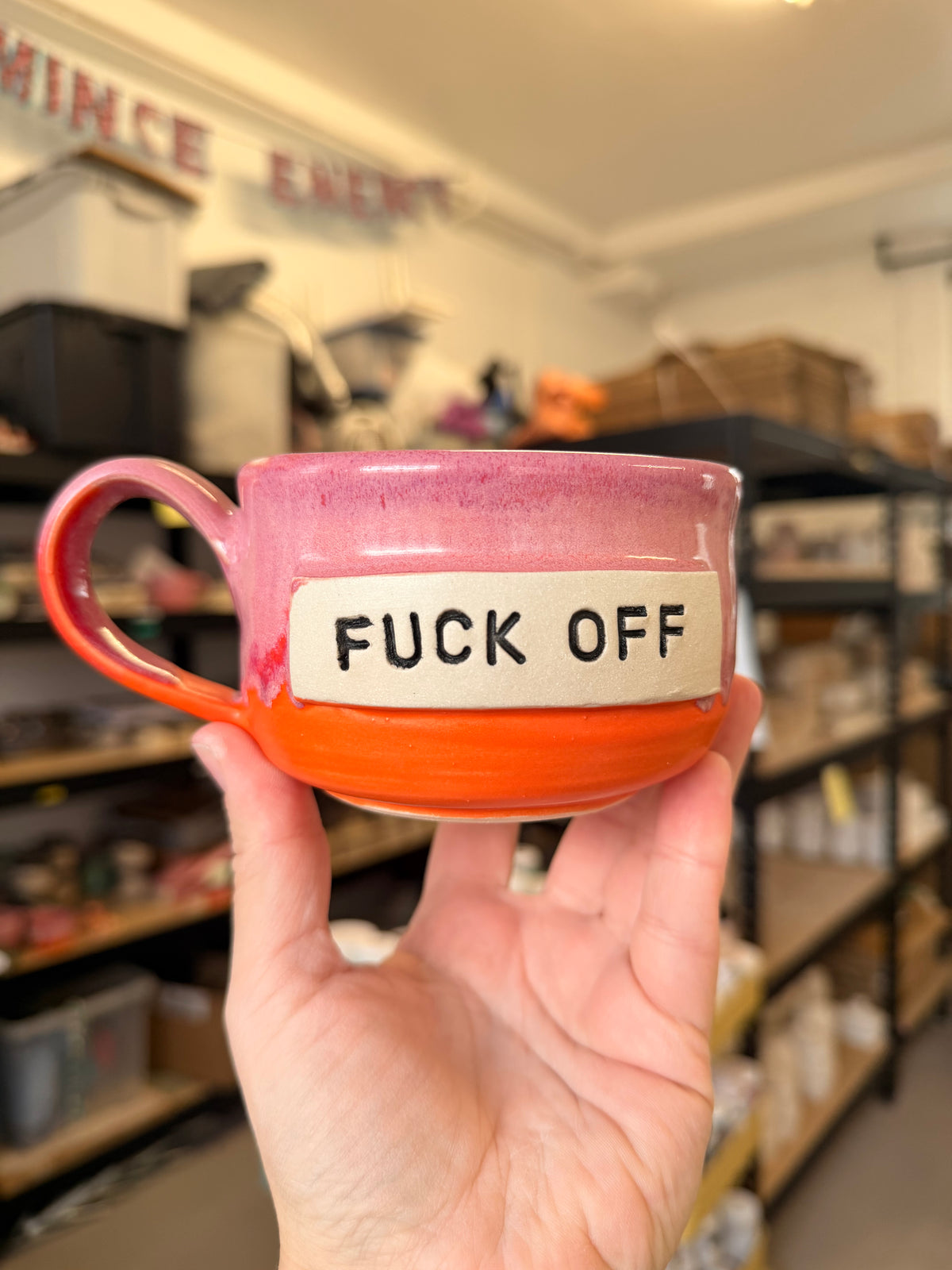Pink and Orange wheel thrown mug - FUCK OFF - CUNT