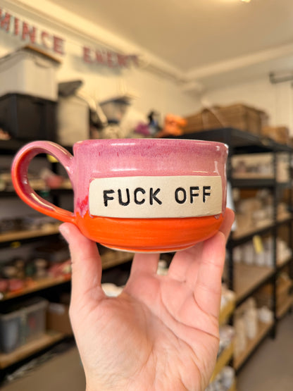 Pink and Orange wheel thrown mug - FUCK OFF - CUNT
