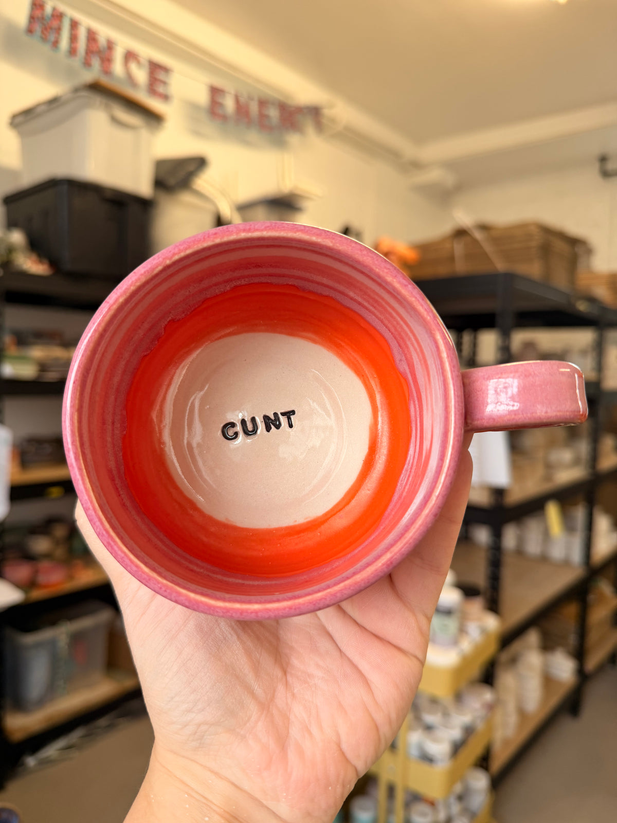 Pink and Orange wheel thrown mug - FUCK OFF - CUNT