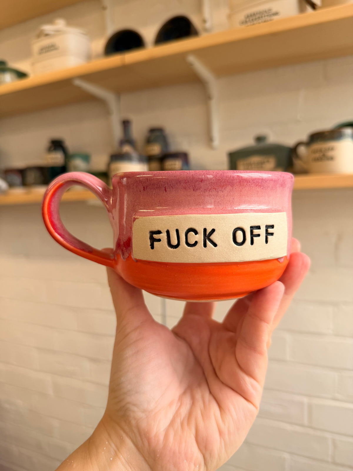 Pink and Orange wheel thrown mug - FUCK OFF - CUNT
